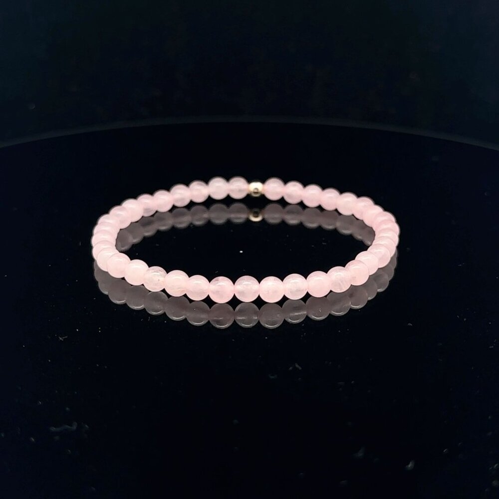 Gemstone Rose Quartz Mini 4mm Stretchable Bracelet 14k Yellow Gold Polished Bead - Picture 4 of 6